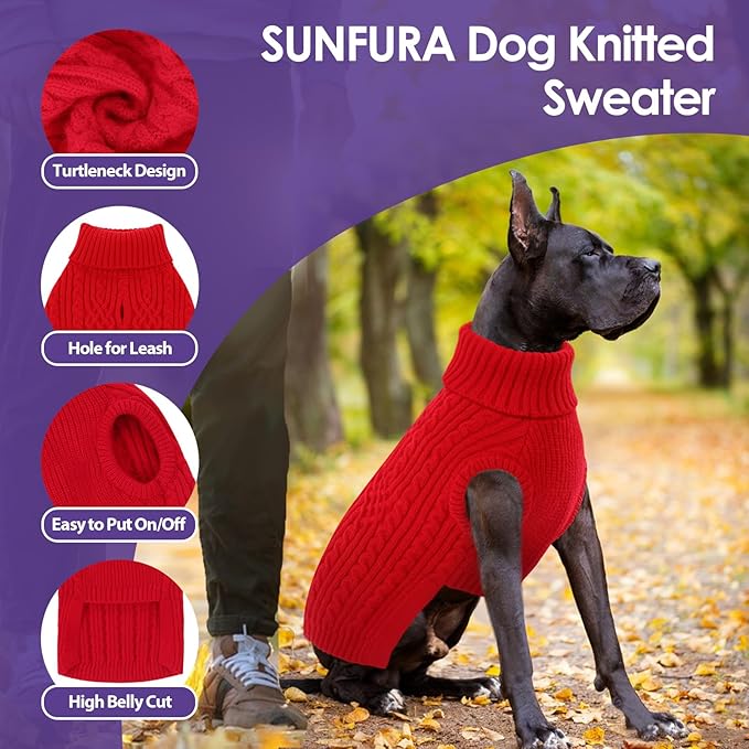 SUNFURA Dog Sweater, Dog Sweaters for Extra Large Dogs Girl Boy, Pet Christmas Sweater Knitwear for Fall Winter, Knitted Sweatshirt for Golden Retriever, Weiner, Great Dane, Red XXL