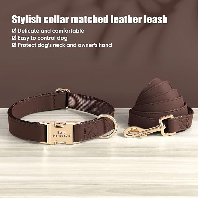 PET ARTIST Personalized Dog Collars, Custom Engraved Dog Collar with Silent Name Tag, Gold Quick Released Buckle & Soft Nylon Padded, Elegant Colors & Matching Leash for Small Dogs,Brown,S Fit 9-14"
