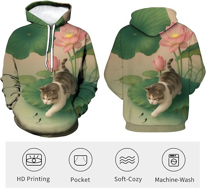 Blissboy Novelty Long Sleeve Hoodie Funny Cat Print Sweatshirts