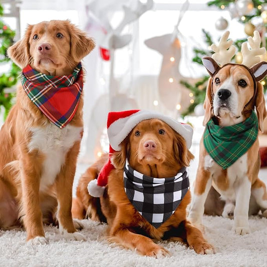 Sanwuta 50 Pieces Christmas Dog Bandanas Bulk, Classic Plaid Dog Bandanas, Triangle Scarf Plaid Kerchief for Small to Large Puppy Pet Cats(XL)