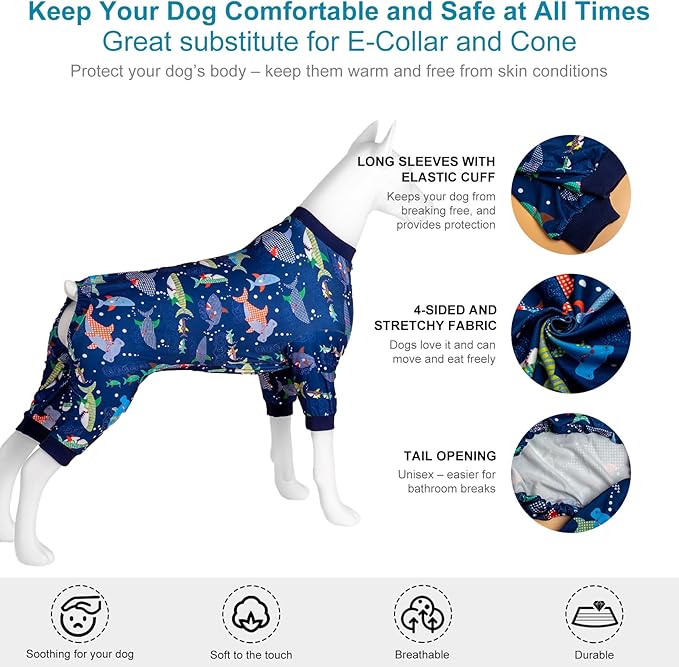 LovinPet Dog Sweatshirt, PjS for Surgery Recovery, Ocean Blue Shark Print, Large Dog Pjs, Lightweight Uv Protection Shirt,Easy to Wear Dog Jumpsuit, Medium