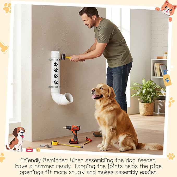 Gravity Dog Self Feeder with Puppy Paw Print Stickers 6 Pounds Large Capacity Hanging Pet Feeding Automatic Dispenser PVC Pipe Feeder for Cat Chicken Turkeys Indoor & Outdoor Use