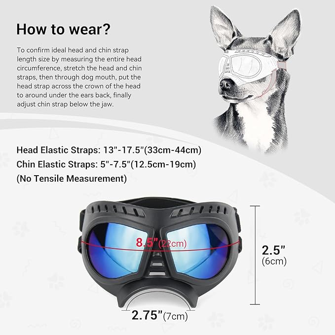 PETLESO Dog Goggles for Small to Medium Breeds, Small Dog Sunglasses UV Protection Windproof Snowproof, Outdoor Driving/Riding/Hiking Pet Eyes Protection, Soft Frame Adjustable Straps, Blue Lens
