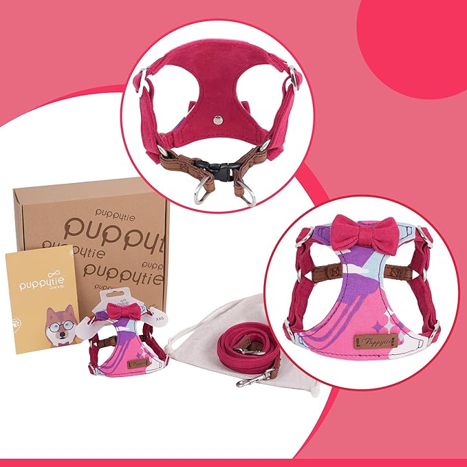 Puppytie No Pull xs Dog Harness with Multifunction Dog Leash,Soft Adjustable No Choke Escape Proof Pet Harness Vest,Suede Bow Wine red,XS