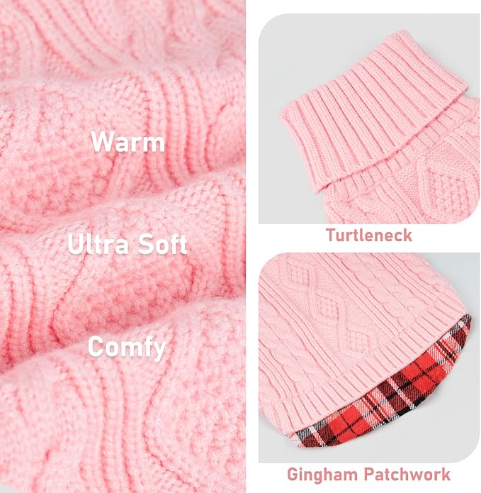 KYEESE Dog Sweater Stretchy Knitwear Cat Clothes with Gingham Patchwork Soft Pullover Dog Sweaters for Medium Dogs Girl Thick Pet Coat for Fall Winter Cold Weather Warm Turtleneck Medium Dogs Sweater