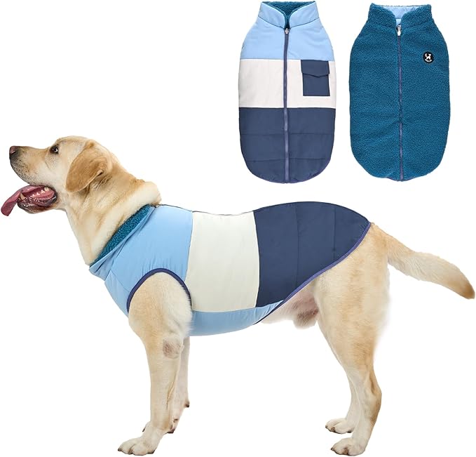 Reversible Dog Winter Coat, Waterproof Warm Fleece Sweater Windproof Lightweight Pet Snow Jacket for Medium Large Dogs with Double Ended Zipper, Cold Weather Dog Coat,Blue,S