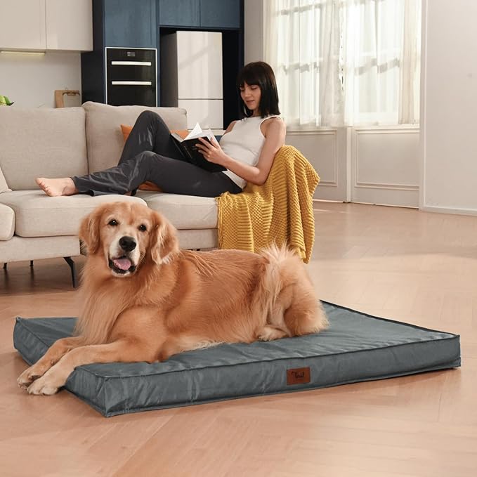 Outdoor Large Washable Dog Bed, Orthopedic Egg Crate Foam Dog Crate Mat for Large Dogs with Removable Oxford Cooling Cover, Grey