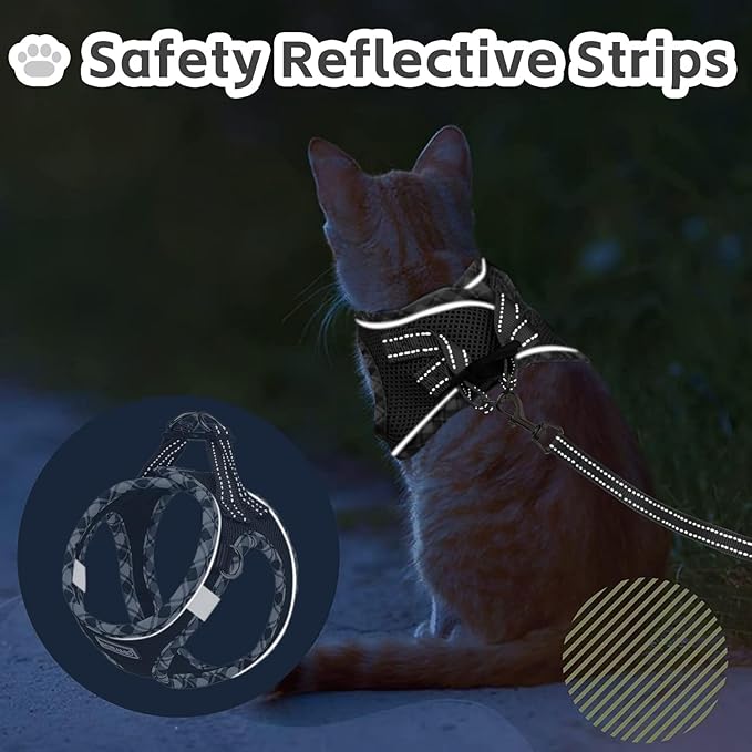 Cat Harness and Leash Set for Walking, Escape Proof Adjustable Soft Mesh Kitten Harness with Reflective Strips, Breathable No-Choke Pet Vest for Small Cats or Puppies(Black,M)