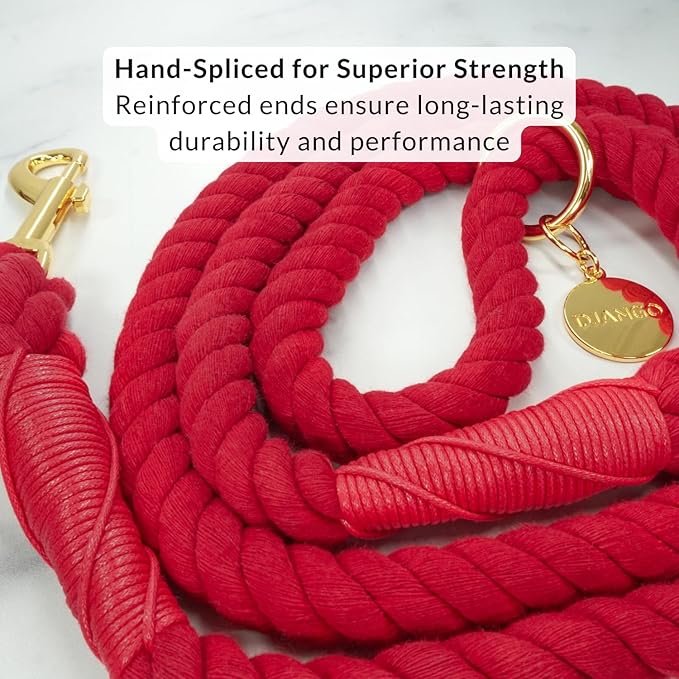 DJANGO Cotton Rope Dog Leash 5ft – Handcrafted Dog Leash and Red Braided Leash for Small, Medium, and Large Dogs – Durable 5 Foot Training Lead with Gold Hardware – Crimson Red