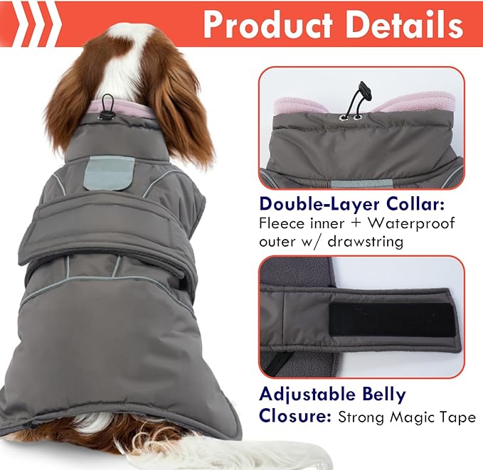 Waterproof Warm Dog Coat Winter for Extra Large Dogs | Windproof Cold Weather Jacket with Reflective Strips Thick Fleece Vest, Collar with Drawstring, for Great Dane, Labrador, Grey, 3XL
