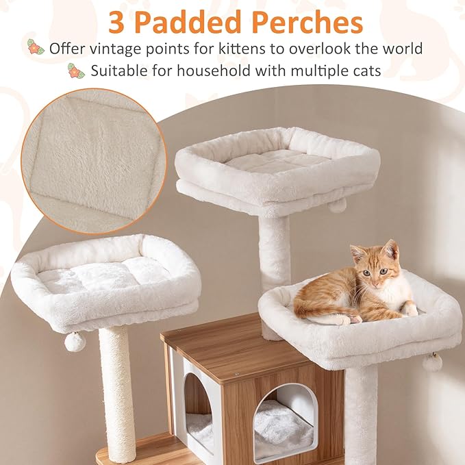 PETSITE 68-inch Modern Tall Cat Tree for Indoor Cats, Multi-Level Wooden Cat Tree Tower with Sisal Scratching Posts, 3 Top Perches, Cat Condo, Comfy Hammock, Sisal Ramp, and Jingling Balls
