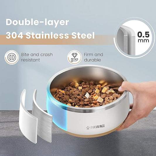 Pawaii Stainless Steel Dog Bowl with Non-Slip Rubber Base & Double Wall Insulation - Durable Design | Includes ID Tag | Dishwasher Safe Food & Water Bowl for All Dogs (68oz)