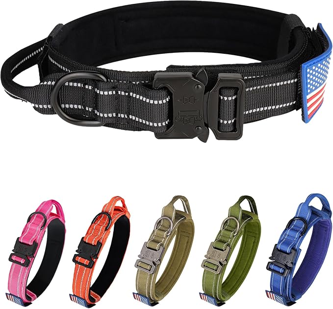 KCUCOP Tactical Dog Collar for Medium & Large Dogs - Military Nylon Heavy Duty Collar with Handle, Reflective Strip & Metal Buckle for Training, Outdoor (Black Reflective, Medium)