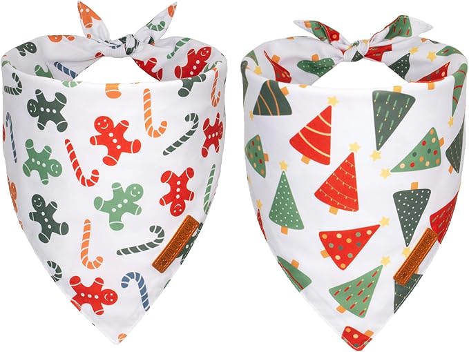 ADOGGYGO Christmas Dog Bandanas, Xmas Tree Candy Scarf, Premium Durable Fabric, White Christmas Bandanas for Small Dogs Pets (Small)