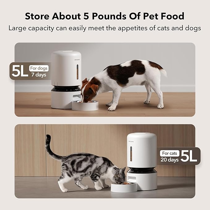PETLIBRO Automatic Multiple Cats Feeder, 5G WiFi Automatic Dog Food Dispenser with Freshness Preservation, 5L Timed Pet Feeder with Low Food Sensor, Up to 10 Meals Per Day, Granary White