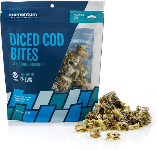 Momentum Carnivore Nutrition Diced Cod Bites Dog Treats – Single Ingredient Icelandic Cod Skin Chews | Natural Dental Support | High-Protein Fish | Healthy Dog & Cat Treats | 4 oz Bag