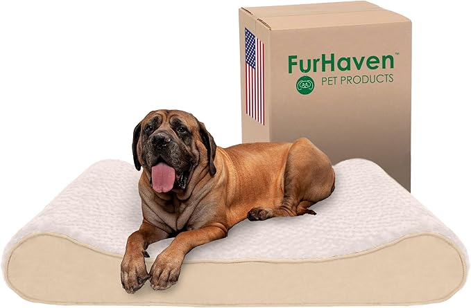 Furhaven Cooling Gel Dog Bed for Large Dogs w/ Removable Washable Cover, For Dogs Up to 150 lbs - Ultra Plush Faux Fur & Suede Luxe Lounger Contour Mattress - Cream, Jumbo Plus/XXL