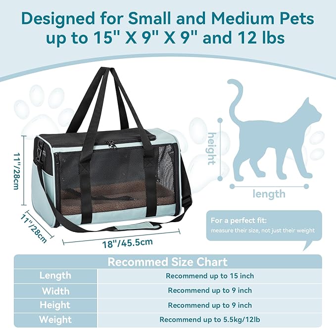 PETSFIT Cat Car Carrier for Small/Medium Cats Dogs, 18"x11"x11" Airline Approved Cat Carrier, with Patent Safety Buckles and Escape-Proof Zipper - Safeguarding Car Travel, Airplane, Vet, Outdoor