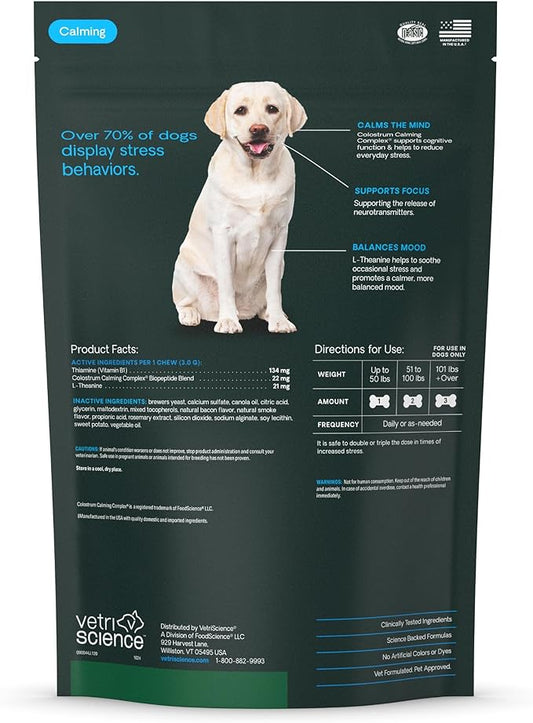 VetriScience Calm & Confident Calming Chews for Dogs, Supplement for Stress Support, Thunderstorms, Fireworks, & Travel, Bacon, Soft Chews, 120 Count - New Look