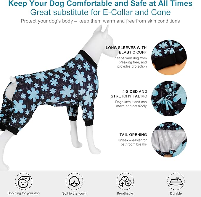 LovinPet Large Pet Pajamas, Pet Anxiety Relief Shirt, Sun Protection Dog Onesie, Comfy Stretchy Fabric, Sage Print, Big Dog Surgery Recovery PJ's, Girl or Boy Dog Party Apparel, Black XL