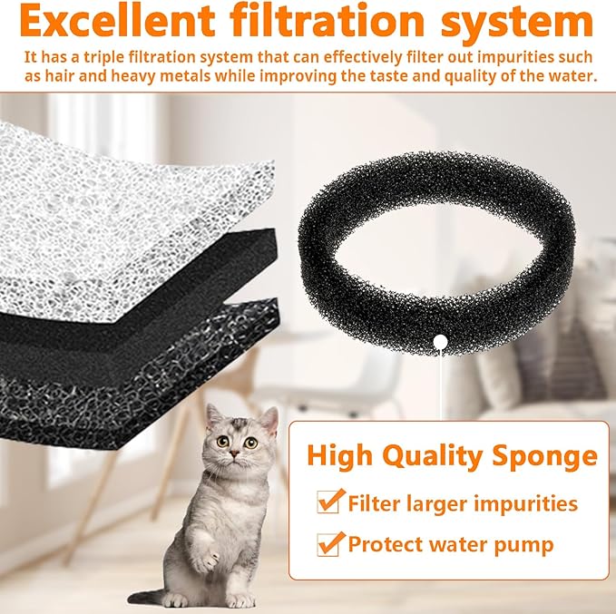 12 Pack 3.2L/108oz Cat Water Fountain Filters Replacement and 12 Pack Pre-Filter Sponges for Stainless Steel Automatic Pet Fountain Dog Water Fountain