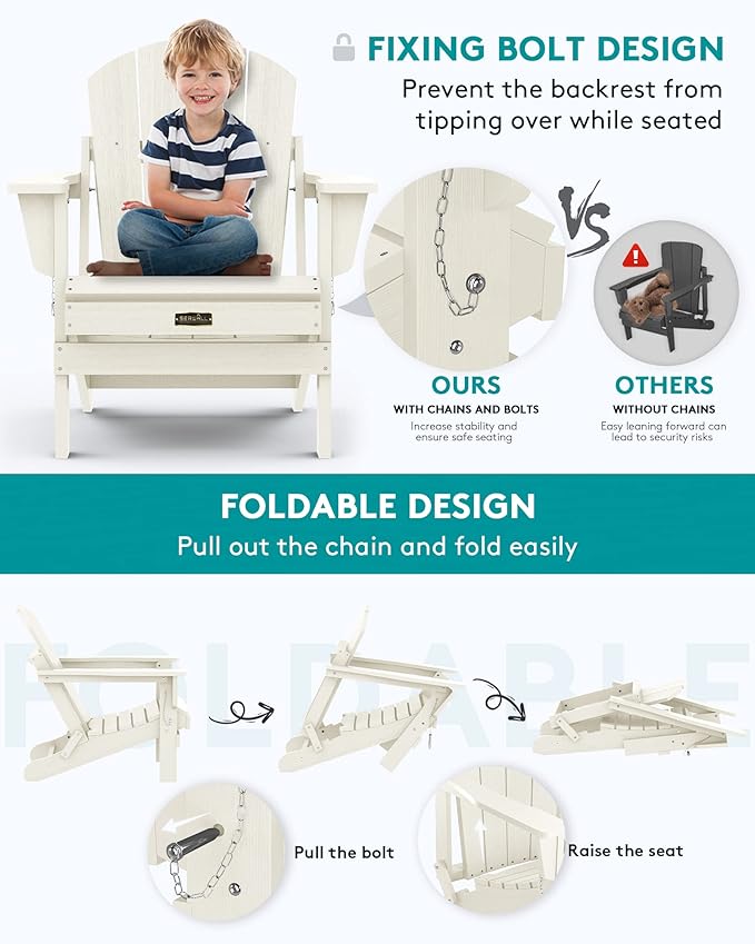 SERWALL Folding Adirondack Chair - HIPS Adirondack Chairs Outdoor Chairs Weather Resistant Fire Pit Chairs- White