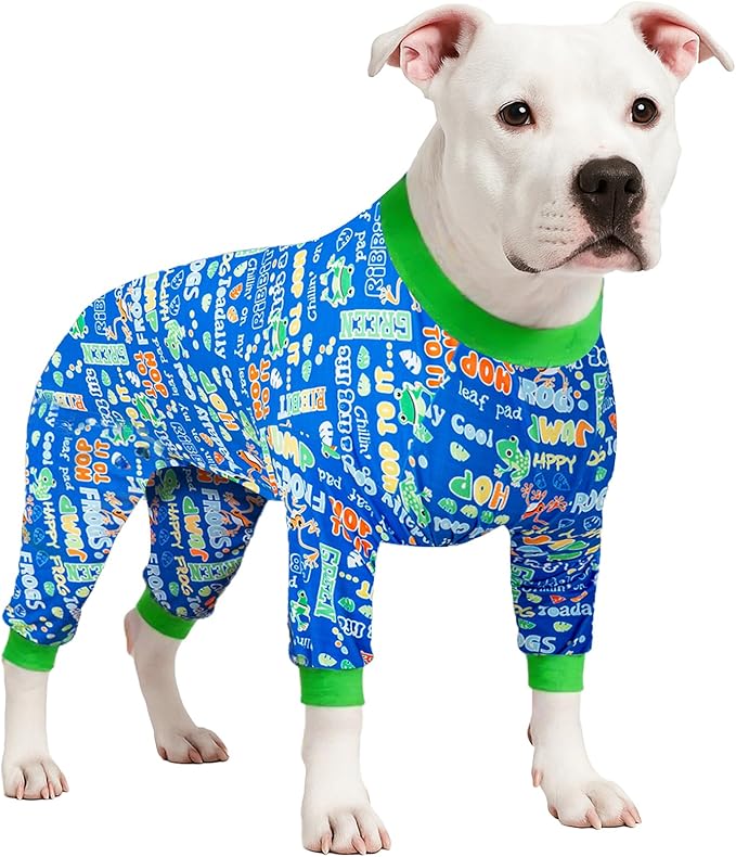 LovinPet Dog Pajamas Bodysuit for Giant Dogs -Dog Onesie with UV Protection & Anxiety Calming Shirt,Pitbull Dog Clothes, Pet Pajamas for Dogs, Cotton Jumping Frogs Print,XL