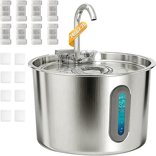 Cat Water Fountain, 74oz/2.2L Cat Fountain for Drinking - Pet Water Fountain Stainless Steel for Cats Inside - Quiet Water Bowl Dispenser - Kitty Drinking Fountains - 8 Filters + 8 Sponges
