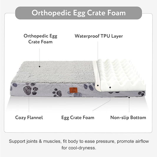 Waterproof Orthopedic Dog Bed for Extra Large Dogs 41x27x4 Inch - Egg Crate Foam Pet Crate Bed with Removable Washable Cover, Plush Top Anti-Slip Bed Mat, Light Grey