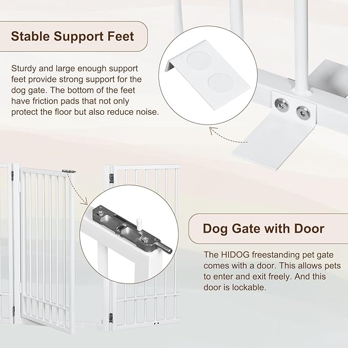 Metal Freestanding Dog Gate with Door, Extra Wide 81", 31" Height Foldable Dog Gates for Doorways, Tall Pet Fence Indoor Outdoor Pet Gates, 4 Panels Pet Barrier for Stairs Hallways, White