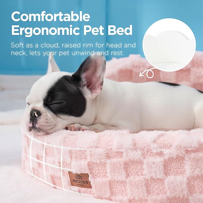 Joydeco Dog Bed for Small Dogs & Cats, Washable Cloud Pet Bed with Orthopedic Foam and Removable Checkered Plush Pad, Non-Slip Bottom for Indoor Puppies and Kittens, 27x24 Inch, Pink