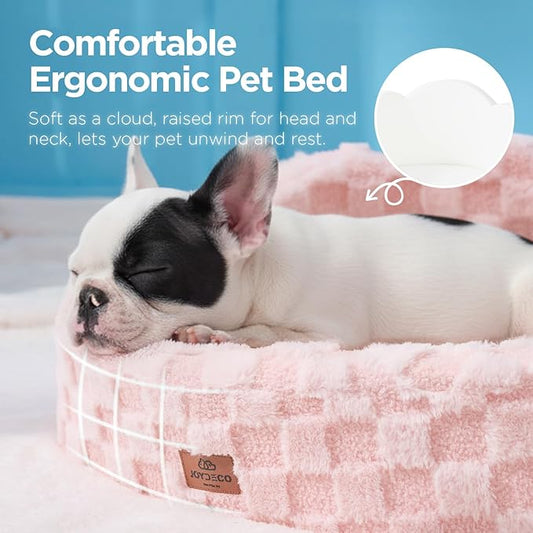 Joydeco Dog Bed for Small Dogs & Cats, Washable Cloud Pet Bed with Orthopedic Foam and Removable Checkered Plush Pad, Non-Slip Bottom for Indoor Puppies and Kittens, 27x24 Inch, Pink