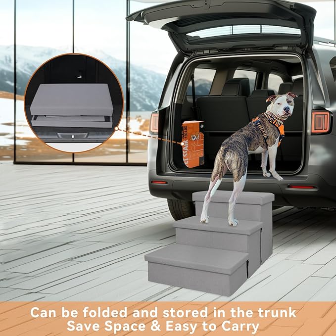 Wider Dog Stairs with Storage 18" H, 3-Step Sturdy Dog Steps for Large/Medium/Small Older Senior Dogs Cats, Folding Pet Stairs Climbing Bed or Couch, Arthritis-Friendly (Gray, No Condo)