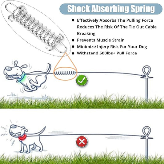 jenico Dog Tie Out Cable, 10/15/20/30/40/50/70/100/150FT Runner Cable with Swivel Hook and Shock Spring, Dog Leash Run Tether for Yard Outdoor and Camping,for Small to Medium Pets Up to 500 LBS