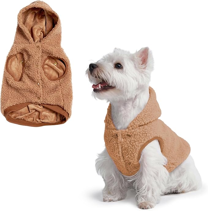Spark Paws Fleece Dog Jacket, Hooded Sweater Vest, Warm Coat for Winter - Suitable for Small Medium Large XL XXL Breeds - Brown - S
