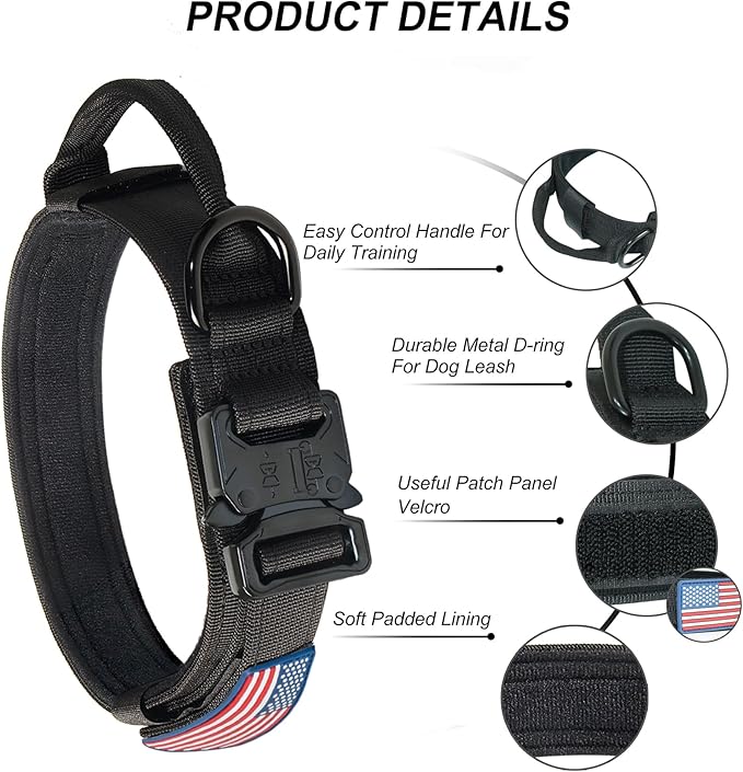 Hotsky Tactical Dog Collar, Adjustable Military Training Nylon Airtag Collar with Handle and Heavy Duty Metal Buckle for Medium Large Dogs, with Airtag Holder and Two Patches（Black,M）