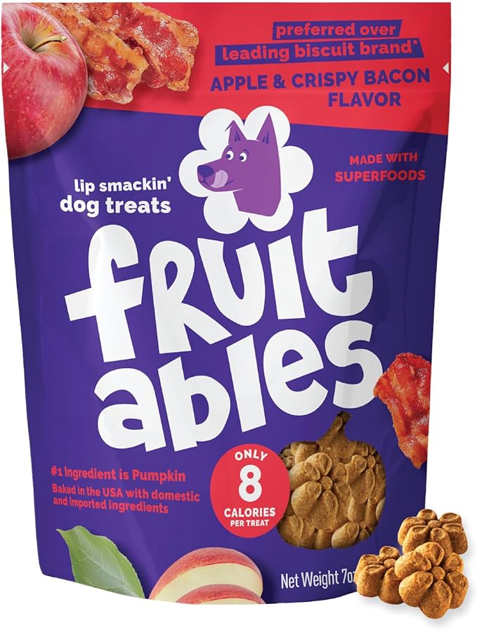 Fruitables Baked Dog Treats, Healthy Pumpkin Treat for Dogs, Low Calorie & Delicious, Free of Wheat, Corn and Soy, Made in the USA, Apple and Crispy Bacon Flavor, 7oz