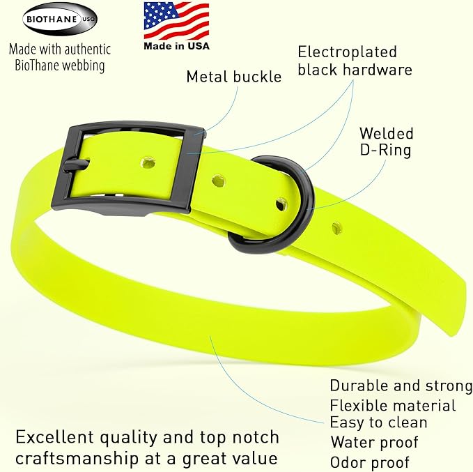 Dogline Biothane Coated Webbing Dog Collar with Black Metal Hardware: Durable Easy-Clean Everyday Collar for Dogs - Comfortable Adjustable Odor-Resistant Pet Collar, W3/4" x L15-18, Safety Yellow