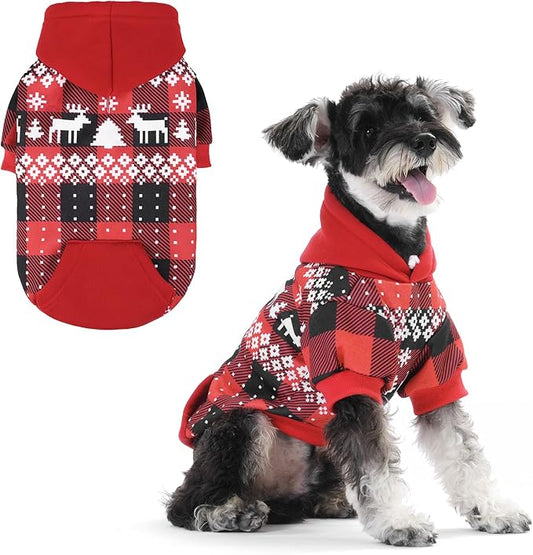 KOOLTAIL Christmas Dog Hoodie,Red Plaid Pet Clothes Sweater with Leash Hole&Pocket for Small Medium Large Dogs, Soft Winter Warm Dog Cold Weather Coat, Fleece Puppy Hooded Sweatshirt for Boys Girls, S