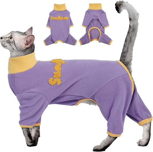 Cat Sticky Hair Clothes - Purple-XL, Prevent Fur Shedding Onesie for Adult Cat Suit,Sphynx Long Sleeves Pajamas for Air-Conditioned Room Wear,Keep Warmth,Soft,Stretchy