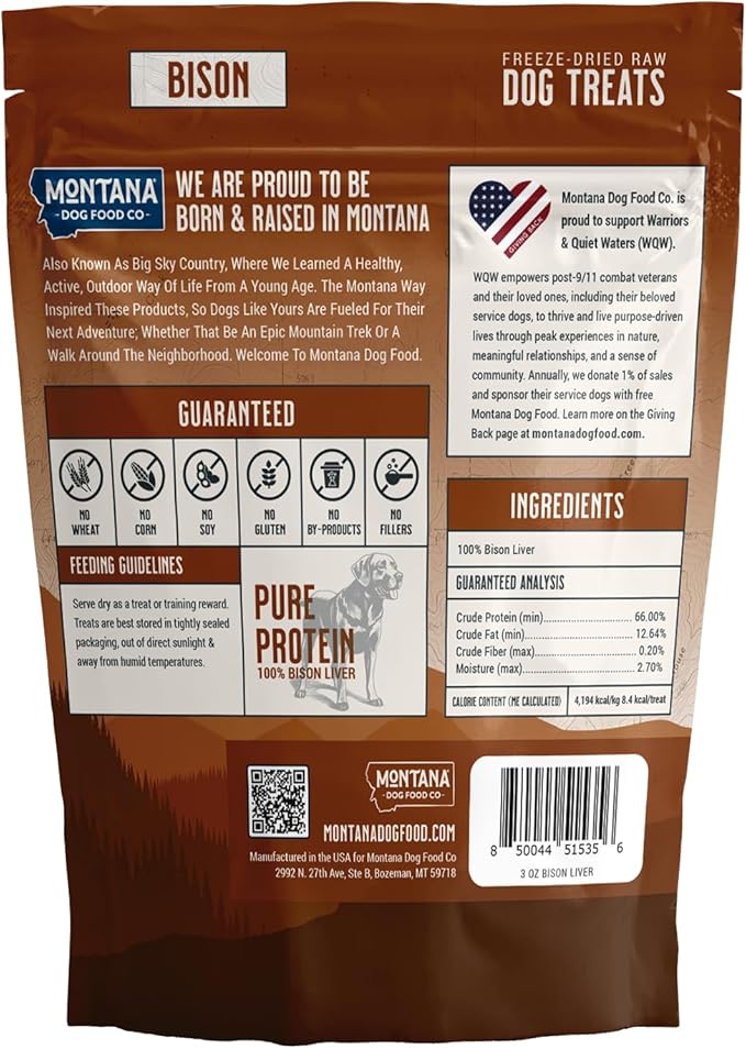 MONTANA DOG FOOD CO. Freeze-Dried Bison Liver Dog Treats (Trail Snacks) – 100% Natural, Single Ingredient, High Protein, Grain-Free, Made in USA – 3 oz Bag
