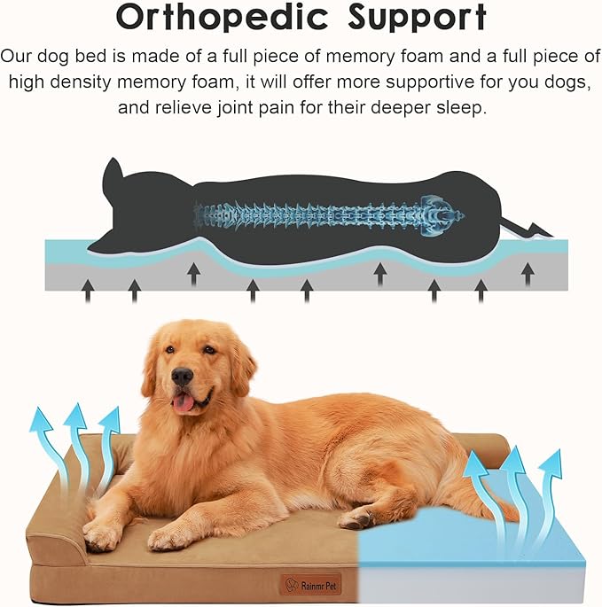 Orthopedic Dog Beds Large Sized Dog, Memory Foam Pet Bed for Large Dogs, Removable and Washable Microsuede Cover, TPU Waterproof Liner, Nonskid Bottom, 44x32x6 Inches, Khaki