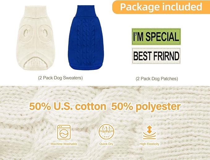 2 Pack Dog Sweaters for Small Dogs - Puppy Medium/Large Warm Clothes in Winter, Turtleneck Pullover Design for Boy Girl Pet, Doggie, Cat, Kitten Chihuahua Bulldog Pug Beagles (XL, Blue, Beige)