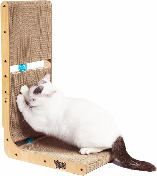 Cat Scratcher Scratching Post with 2 Cat Ball Toy Track Scratchers for Indoor Cats Scratching Board Cardboard L Shaped Scratch Pad for Cats as Beds & Furniture (1 Pack)