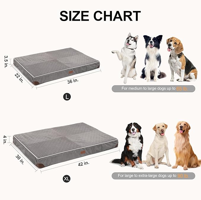 FUKUMARU Dog Bed, Plush Corduroy Orthopedic Dog Beds with Removable Washable Cover, XL Waterproof Dogs Bed for Crate, Egg Crate Foam Support Pet Mat, Cozy Pet Bed Mat with Anti-Slip Bottom, Grey