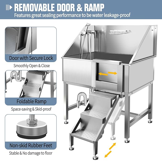 38" Dog Washing Station, Professional Stainless Steel Dog Bathing Station, Equipped with Anti-Slip Ramp, Removable Door, Upgraded Spray Nozzle&Hose - Ideal for Home, Pet Grooming Salon,R-RAMP