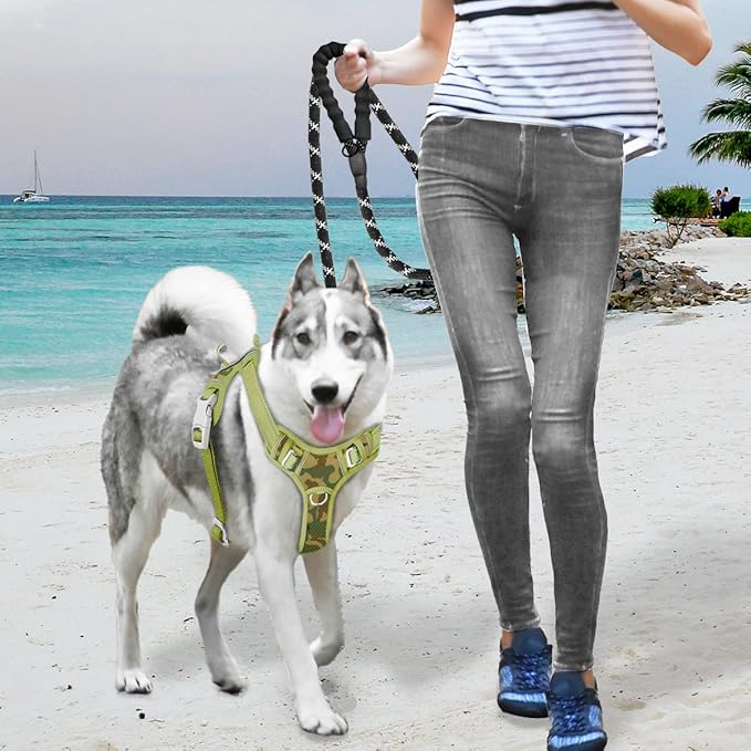 BARKBAY No Pull Dog Harness Large Reflective Dog Harness with Front Clip and Easy Control Handle for Walking Training Running with ID tag Pocket(Camo,L)