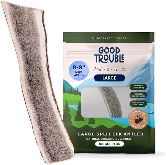 Good Trouble Premium Elk Antlers for Large Dogs – 1 Pack Split - All-Natural, Shed Antler Chews for Dental Health & Calming - Durable Dog Bones - Cruelty-Free, North American Sourced