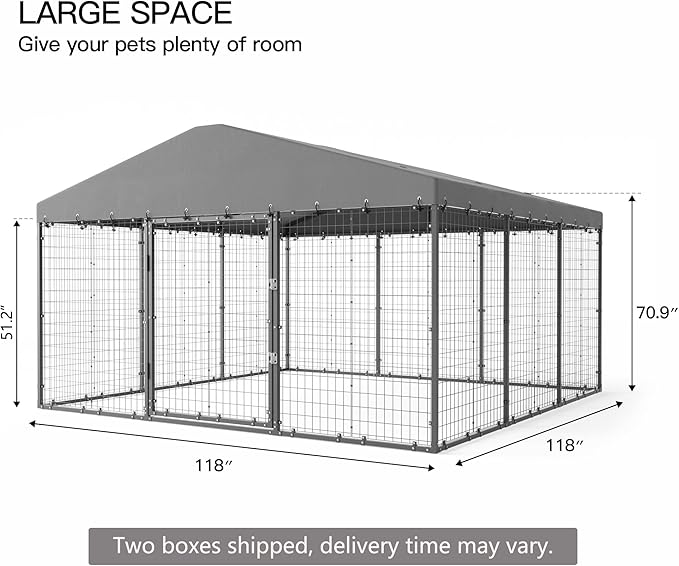 Large Outdoor Dog Kennel,10x10x6 FT Heavy Duty Dog Cage with Fully Covered Roof,Anti-Rust Outdoor Dog Fence w/Waterproof UV-Resistant Cover and Double Security Locks for Backyard