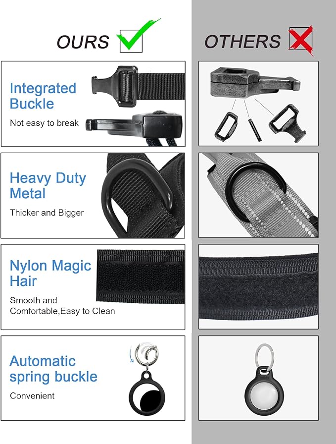Hotsky Tactical Dog Collar, Adjustable Military Training Nylon Airtag Collar with Handle and Heavy Duty Metal Buckle for Medium Large Dogs, with Airtag Holder and Two Patches（Black,M）